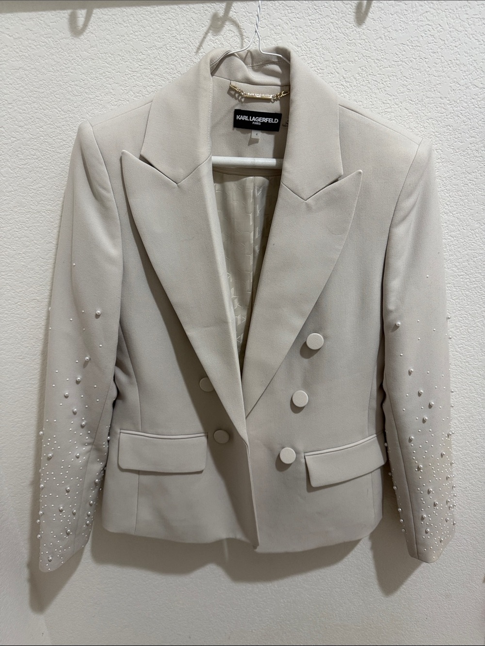 Karl Lagerfeld Beige Double-Breasted Blazer with Pearl-Embellished Sleeves